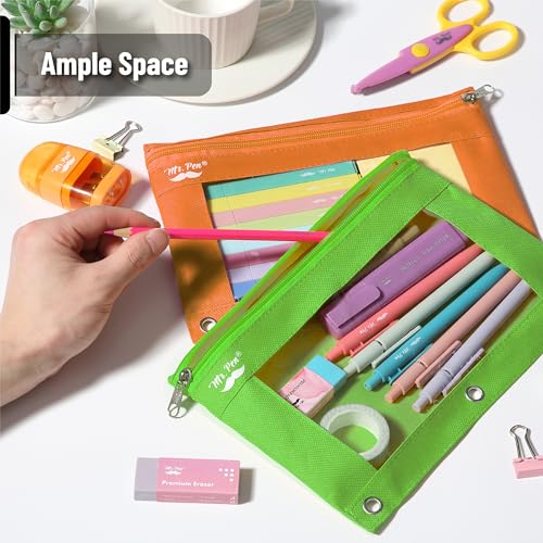 Image of Mr. Pen- Pencil Pouch for 3 Ring Binder, 2 Pack, 10 inchx6.75 inch, Smooth Zipper | Clear Window, Large Capacity Pencil Case with 3 Reinforced Grommets for School, Office, Supplies Storage | Clear Window, Large Capacity Pencil Case with 3 Reinforced Grommets for School, Office, Supplies Storage