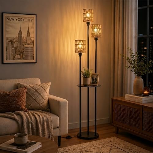 Boho Floor Lamp with Shelves, 3-Lights Farmhouse Tall Floor Lamp with ON/Off Foot Switch, Rustic Standing Lamp with Rattan Shades for Living Room Bedroom Office