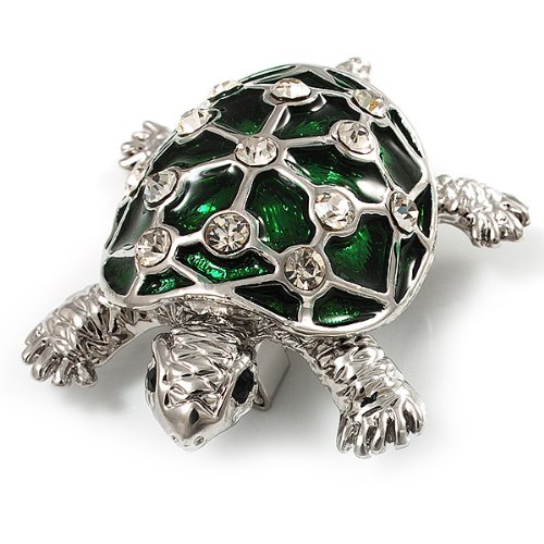 Image of Cute Green Enamel Crystal Turtle Brooch (Rhodium Plated)