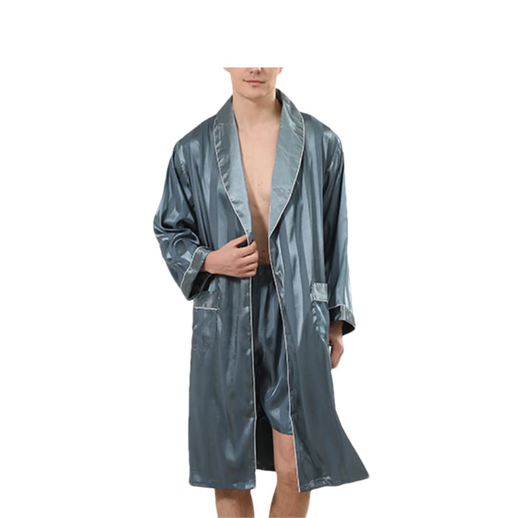 Disimlarl Albornoz de satén suave y acogedor de manga larga con estampado de sauna para hombre, kimono de seda, bata de baño azul, pantalones cortos Euro US L 95 110 kg, pantalones cortos de bata de