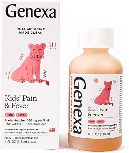 Genexa Children's Acetaminophen Oral Suspension, for Children 2 - 11 Years Old, Temporarily relieves Pain and Fever Symptoms, 160 mg per 5 mL- Organic Blueberry Flavor 4oz