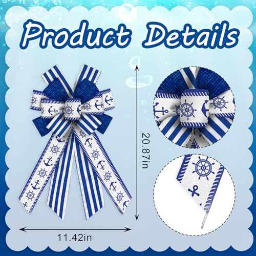 Threetols Nautical Wreath Bows, Blue White Stripe Bows for Wreath Summer Decorative Bows for Front Nautical Compass Anchor Ornaments Hanging Wreath Bow for Indoor Outdoor Decor
