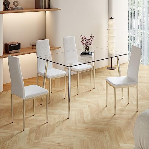 Dining Table Set for 4, 5-Piece Glass Kitchen Table Set with Modern PU Leather Chairs Set of 4,for Dining Room,Living Room Table Set (1 Glass Table+4 Leather Chairs) (Glass Table +4 Leather Chairs)
