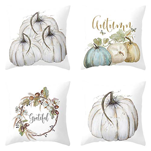 semen Taie d’Oreiller 4Pcs en Lin Halloween Coussin Citrouille Dessin Différent Cartoon Simple Adorable Confortable pour Décoration (Citrouilles Blanches) Cover