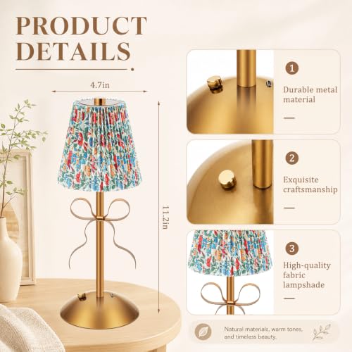 Image of Liliful 2 Pcs Cordless Table Lamp Rechargeable Touch LED Small Gold Portable Battery Operated USB-c Desk Lamp 3 Color Dimmable for Bedroom Living Room Dining (Gold,Floral Style Bow)