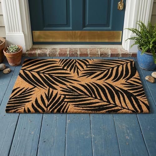 Image of ATMAH Tropical Leaf Coir Door Mat 45 x 75 cm | Heavy Duty Entrance Mat | Anti Slip PVC Backing | Indoor & Covered Outdoor Doormat