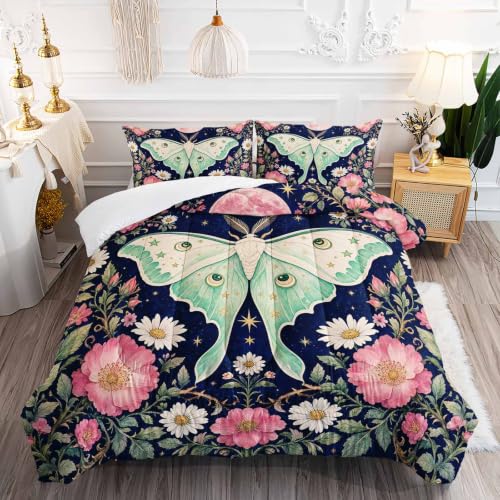 Image of AILONEN Queen Comforter Set 3 Piece, Mint Moth Pink Moon Floral 3D Printed Bedding with 2 Pillowcases, Soft Lightweight Microfiber Dreamy Decor for Master Suite