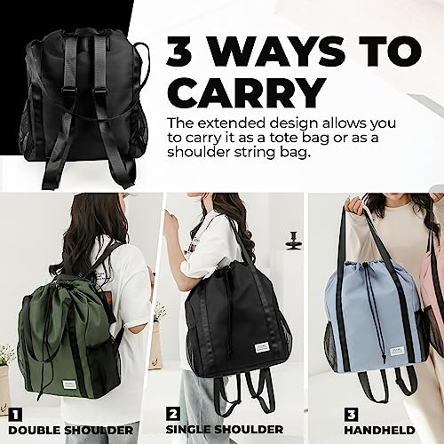 Drawstring Backpack Bag Water-Resistant Large String Cinch Bag with Wet Pocket & Long Handles Gym Bag Sports Beach Sackpack, Black 6