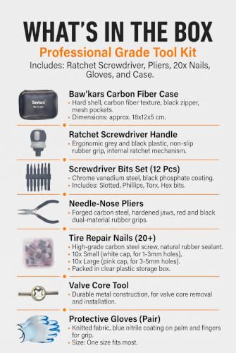 Image of Tire Repair Rubber Nail Kit with Ratcheting Screwdriver, Needle-Nose Pliers & Organizer Case, Fast Self-Service Tool for Car, Truck, Motorcycle, Tractor Tire Puncture Repair