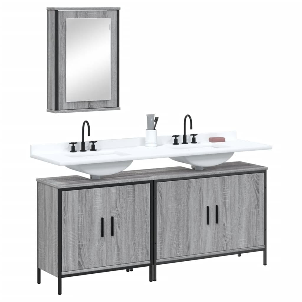 SYDE Set Muebles de Baño 3 Pzas Madera Gris Sonoma | Con Espejo, Montaje en Pared, Resistente a Humedad, Amplio Almacenaje