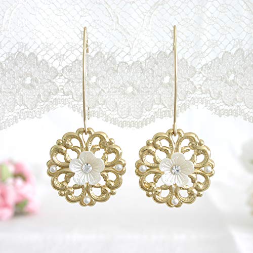 White Floral Earrings, Flower Dangle Gold Earring, Long White Earring, White Wedding, Clear Crystal Earrings