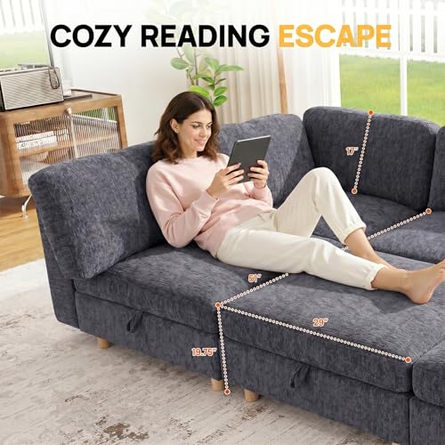 Image of 99 inch Modular Sectional Sleeper Sofa, 6 Seaters Chenille Modular Sectional Sofas, Sleeper Sofa Bed with Storage & Ottoman, Sleeper Couch with Removable Covers, Grey Sectional Couches for Living Room