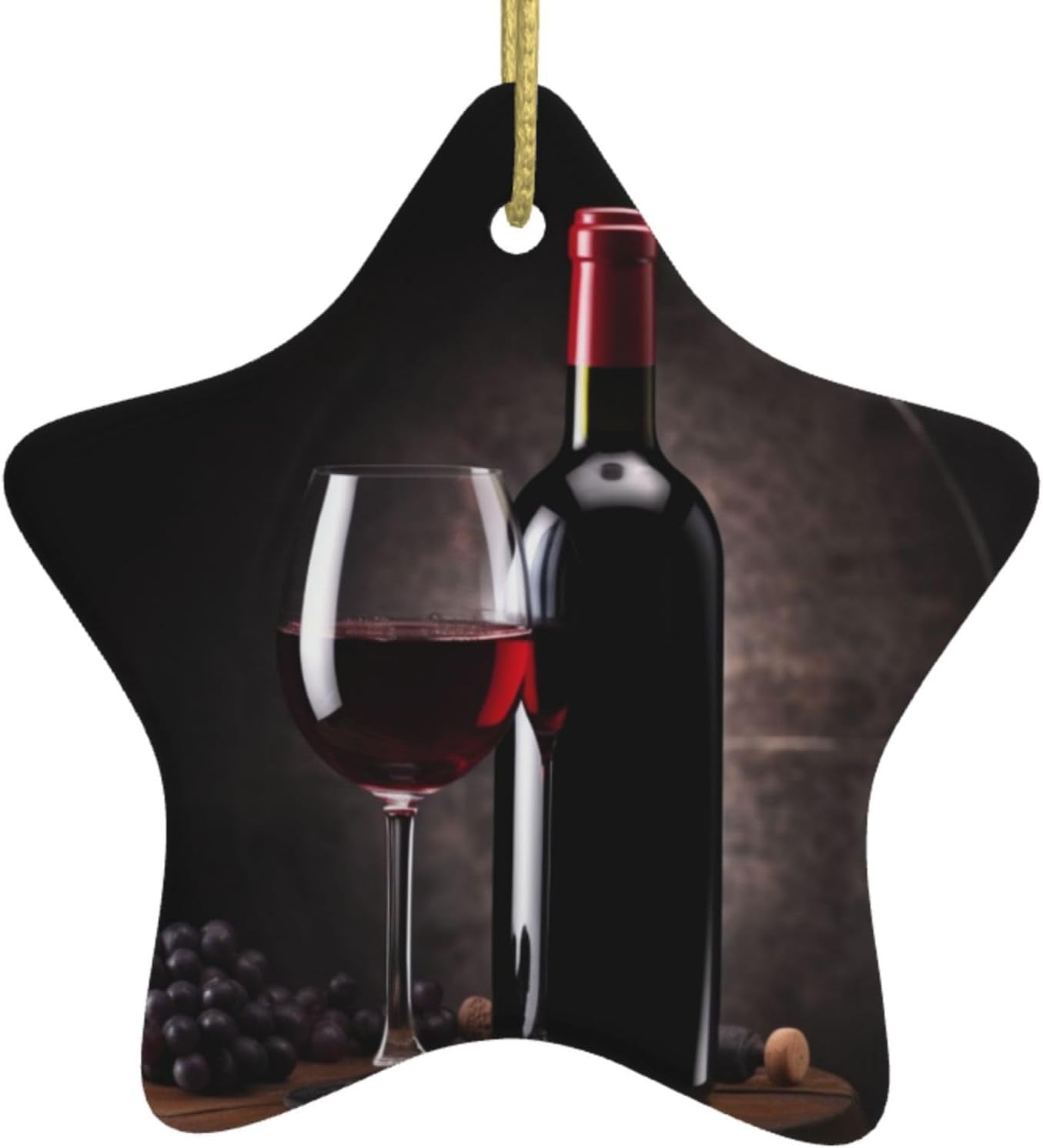 Christmas Ornaments Ceramic Star Shaped Christmas Hanging Ornament Double-Sided Red Wine Bottle Glass Print Christmas Tree Pendants for Xmas Tree Fireplace Party Holiday Wedding