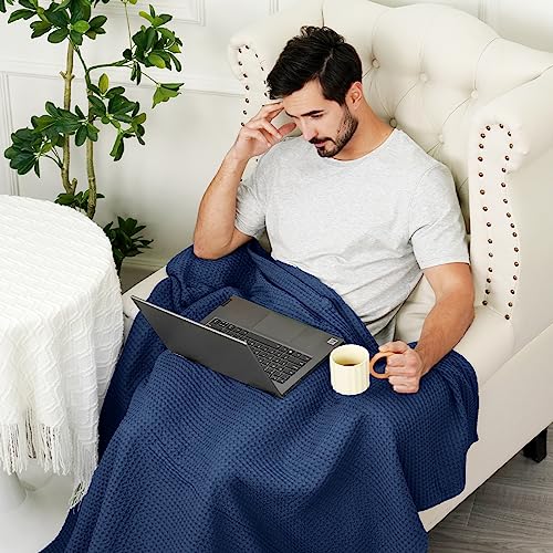 Image of PHF 100% Cotton Waffle Throw Blanket Lightweight Breathable, Bright Blue