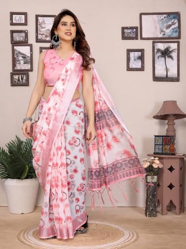 Image of Women's Zari Border Cotton Linen Printed Saree with Blouse