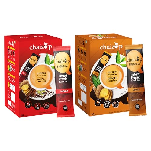 Image of Chaizup Premium 1 Min Instant Assorted Tea Pack - 20 Sachets | Ginger & Masala Flavours | 20 Servings | 2 Packs (10 Flavours Each) | 280g