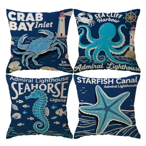 ULOVE LOVE YOURSELF Sea Throw Pillow Covers Only Ocean Theme Seahorse-Octopus-Starfish-Crab Pattern Beach House Decorative Cushion Cover Coastal Pillowcases 18”×18”,4Pack (Ocean Theme)