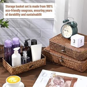 Set of 4 Seagrass Basket with Lid Wicker Storage Basket Decorative Storage Boxes with Lids Flat Storage Bins Woven Organizer Baskets for Shelf Closet Bedroom, 4 Sizes (Dark Brown) Set of 4 Seagrass Basket with Lid Wicker Storage Basket Decorative Storage Boxes with Lids Flat Storage Bins Woven Organizer Baskets for Shelf Closet Bedroom 4 Sizes Dark Brown