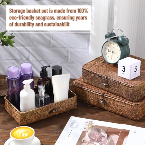 Set-of-4-Seagrass-Basket-with-Lid-Wicker-Storage-Basket-Decorative-Storage-Boxes-with-Lids-Flat-Storage-Bins-Woven-Organizer-Baskets-for-Shelf-Closet-Bedroom-4-Sizes-Dark-Brown Set of 4 Seagrass Basket with Lid Wicker Storage Basket Decorative Storage Boxes with Lids Flat Storage Bins Woven Organizer Baskets for Shelf Closet Bedroom 4 Sizes Dark Brown