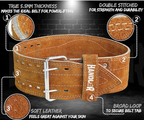 Image of Handler 100 percent all Leather Powerlifting Gym Belt- 5.5 mm | Weight Lifting Belt for Heavy Workout for Men & Women | Professional Heavy Weight Lifting (Brown, Medium)