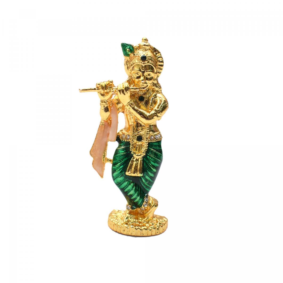 Tarang Arts Lord Krishna Crystal Idol with Flute | Krishna Idol Small comapct Size Metal Krishna Statue for Home, Table Decor, Car Dashboard, Puja, Festivals & Gifts (3x1 Inch, Green)