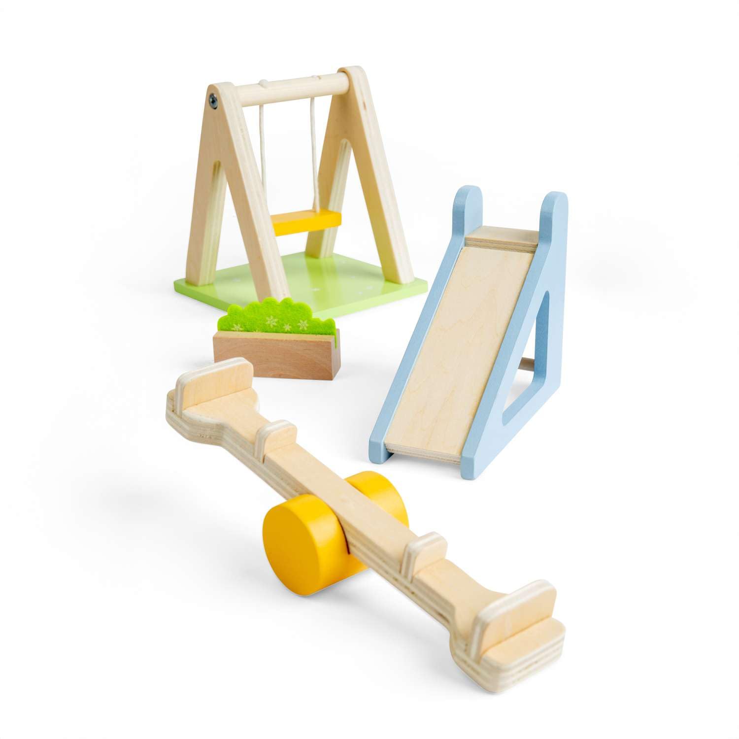 Bigjigs Toys Zestaw ogrodowy, meble do domu dla lalek na zewnątrz, miniaturowa drewniana huśtawka, zjeżdżalnia i huśtawka dla dzieci, domki dla lalek, zestaw 4 szt. akcesoriów do ogrodów domków dla