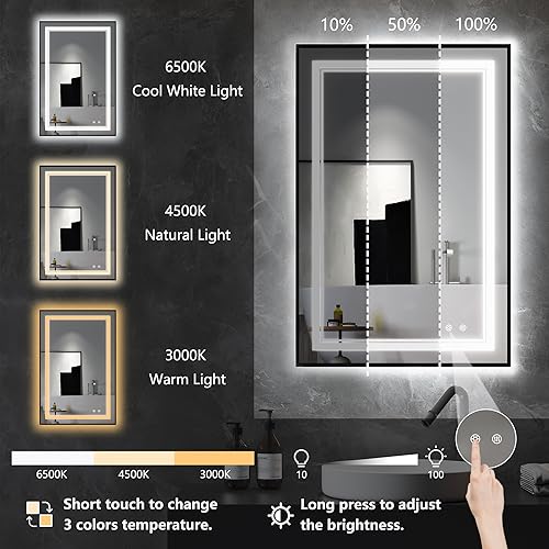 Image of LED Bathroom Mirror with Front and Backlit 24 inchx36 inch, Black Frame, Wall Mounted, Dual LED Strips, Fogless, Dimmable, 3 Color Changing, Shatterproof, Horizontal /Vertical