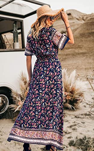 Image of PRETTYGARDEN Women's Casual Summer Boho Floral Print Dress V Neck Short Sleeve High Waist Long Maxi Beach Dresses