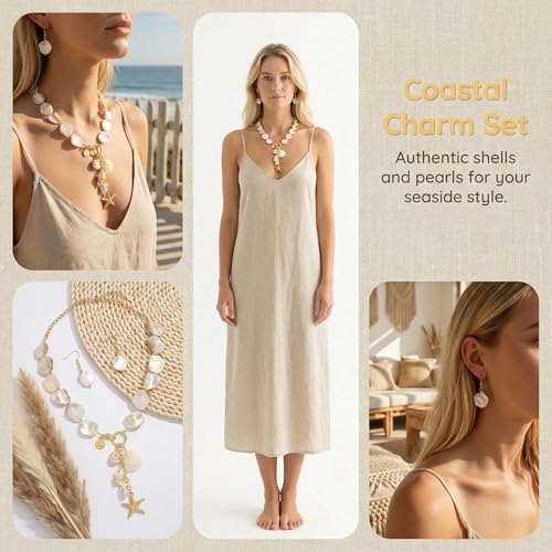 Image of Coiris Natural Seashell Choker Necklaces Earrings Jewelry Set for Women Starfish Shell Freshwater Pearl Collar Necklaces for Women Irregular Mother of Pearl Jewelry Set
