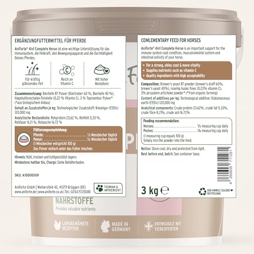 AniForte 4in1 Complete für Pferde 3kg - Natürliche Rundumversorgung mit Bierhefe BT, Hagebutte, Kieselgur, Präbiotika Topinambur, Vitamine & Mineralstoffe