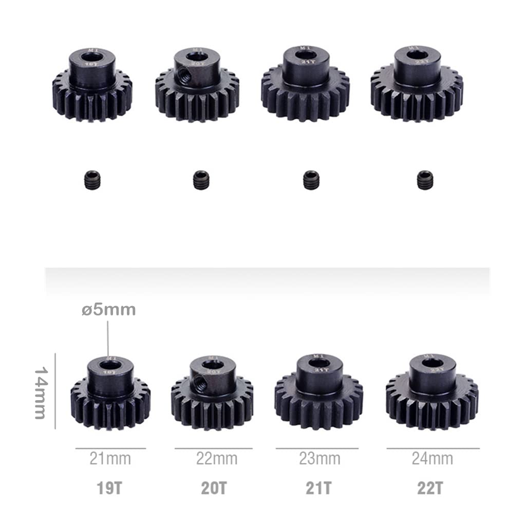 KingVal Replacement 4PCS M1 5mm Shaft Hole 19T 20T 21T 22T Steel Pinion Motor Gear Compatible with 1/8 RC Car Brushed Brushless Motor