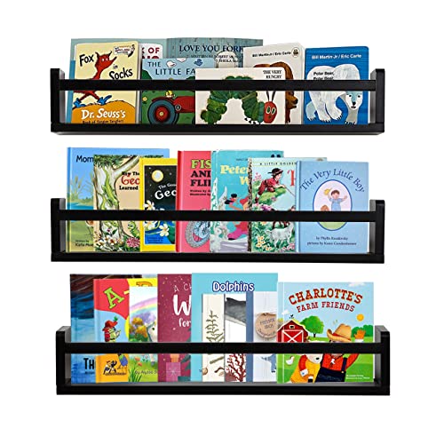 Image of AZSKY Classic Nursery Book Shelves Black Wooden Floating Shelves Wall Bookshelf for Bathroom Decor Kitchen Spice Rack Organizer Kids Room 24 Inch Set of 3