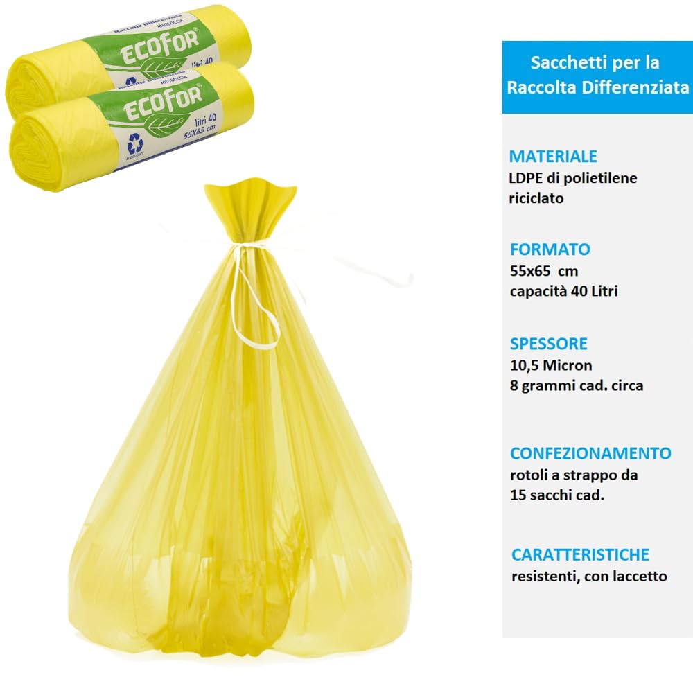 Virsus 750 Sacchi Spazzatura antigoccia colore Giallo, misura 55x65 cm, Sacchetti per Raccolta differenziata con Laccetto e Chiusura a Pomodoro non saldato, 50 Rotoli da 15 Pezzi