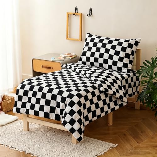 Image of Wellboo Black White Plaid Toddler Bedding Sets for Girls Boys Black and White Checkerboard Grid 4 Pieces Soft Crib Bed Set Including Comforter, Sheets and Pillowcase Kids Checkered Geometric Quilt