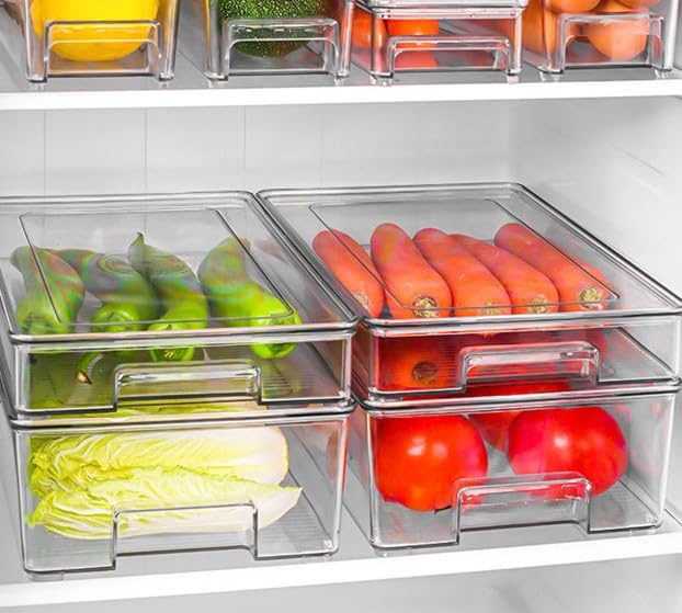 AtrauX Clear Plastic Stackable fridge Bins, Food Storage Containers Box with Lid, Organizers for Kitchen Fridge, Freezer, Vegetables, Pantry, and Bathroom -set of 4