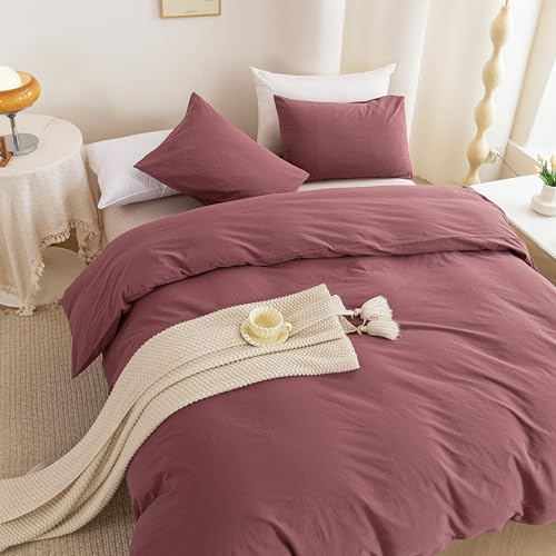 Image of ECOCOTT Duvet Cover King Size, 100% Washed Cotton Linen Feel Comforter Cover - 3pcs Dusty Rose Bedding Set with Zipper Closure & Corner Ties
