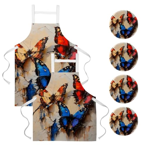 Tablier de cuisine lot de 2 réglable avec 4 broches imprimé papillon multicolore