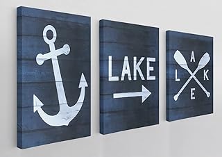 Lake Paddle Nautical Anchor Navy Blue Wall Art Canvas Farmhouse Lake Theme 11x14 Inch Prints(Set Of 3) Decor For Home Bedroom Living Room Lake House Porch Camper Cabin,Gift For Women Men Lake Lovers