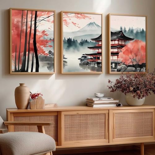 Image of kotart Big Aesthetic Mount Fuji View Wall Art Paintings | Mountain Landscape Framed Painting | Nature Art Vastu Frames for Living Room Bedroom Wall Decor Set Of 3 (10X13 inch)