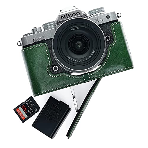 TP Handmade Genuine Real Leather Half Camera Case Bag Cover for Nikon Z fc Zfc Bottom Open Version (Green, Camera Case)