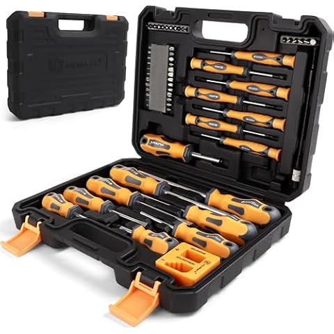 MulWark Magnetic Screwdriver Set 59 Piece Chrome Vanadium Steel, Ergonomic Design Rubber Handle Screwdriver Set with Case Slotted, Phillips, Hex, Pozidriv, Torx and Precision, Magnetizer Demagnetizer Cover