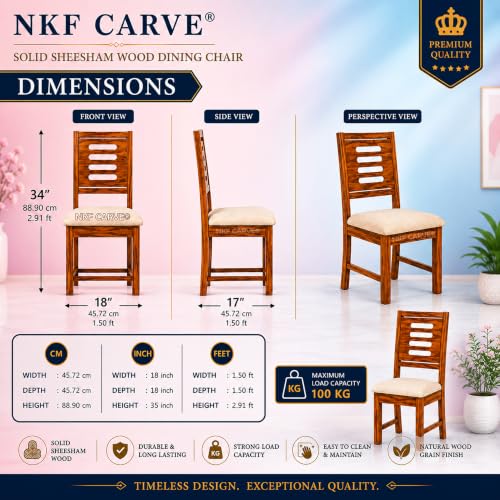 Image of Wooden 4 Seater Dining Set | Solid Sheesham Wood Round Dining Table with Slat Backrest Pattern Cushioned Chairs | Modern & Trending Design for Home & Dining Room | Shining Honey
