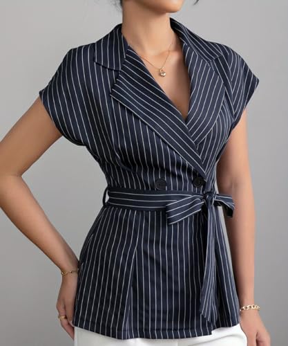 Women's Casual Cap Sleeve V Neck Blazer Vest Tops Striped Single Breasted Business Suit Vest with Belt3