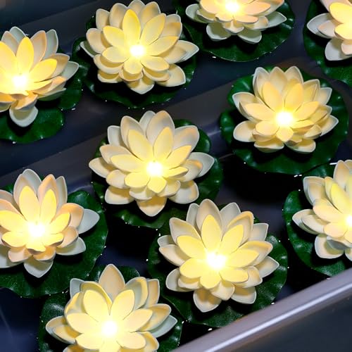 Scawim 12PCS Waterproof Floating Lotus Light, 5 Inch Floating Lily Flower Water Activated Artificial Flowers Battery Operated Warm White Light for Wedding Pool Anniversary Garden Decor
