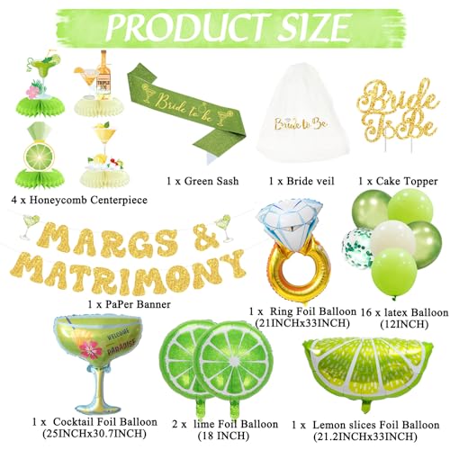 Image of Roetyce Margs and Matrimony Bachelorette Party Decorations, Green Bachelorette Party Decor Bride to Be Sash Veil Cake Topper, Margarita Banner Balloons for Mexican Fiesta Wedding Bridal Shower Party