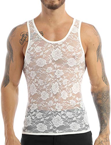 YiZYiF Men's Floral Lace Tank Tops Transparent Mesh Singlet Shirts Underwear Summer Vest Top White Large