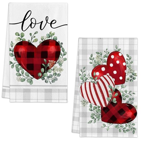 Image of FUTBU Valentines Day Kitchen Towels Set of 2, Red Buffalo Plaid Heart Love Dish Towels 18x26 Inch Drying Dishcloth,Valentine Day Decorations Farmhouse Home Seasonal Decoration