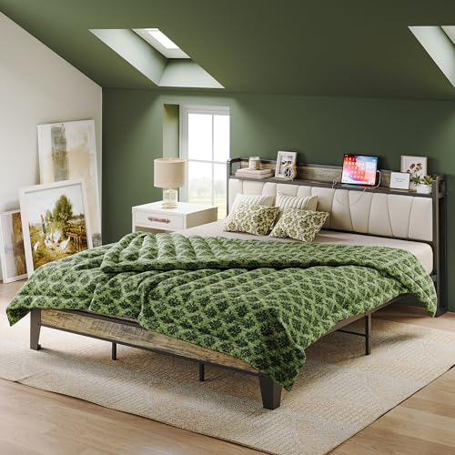 LIKIMIO California King Bed Frame, Storage Headboard with Charging Station, Solid and Stable, Noise Free, No Box Spring Needed, Easy Assembly (Walnut and Beige)