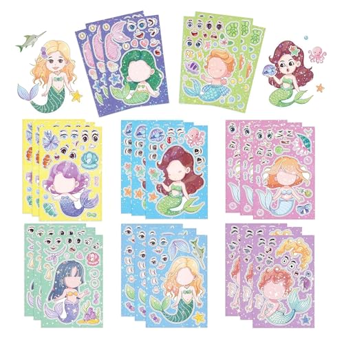 Kotkiddy 24 Pegatinas De Sirena para Niños Make a Face Etiquetas DIY Adhesivos con Purpurina Y Holográficos para Fiestas De Cumpleaños Regalos De Invitados Intercambio De