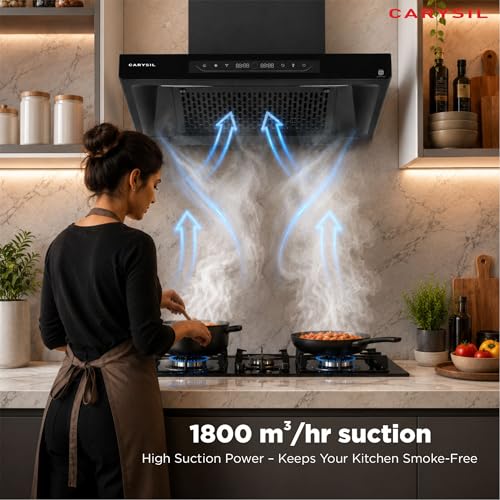 Image of Carysil AeroSync SilentX 60 cm BLDC Motor Kitchen Chimney, T-Shape, 1800 m /hr Suction, Auto-Clean Filterless, 9+ Turbo & Gesture Control, LED Lamp, 12-Year Warranty - Black